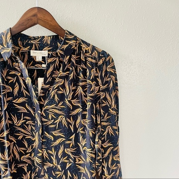 NWT See U Soon Navy Leaf Print Long Sleeve Maxi Dress - Picture 2 of 14